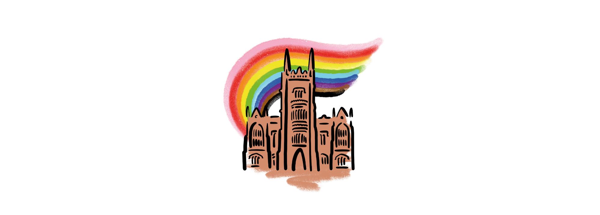 An illustration of the red brick Lanyon Building with a rainbow overhead